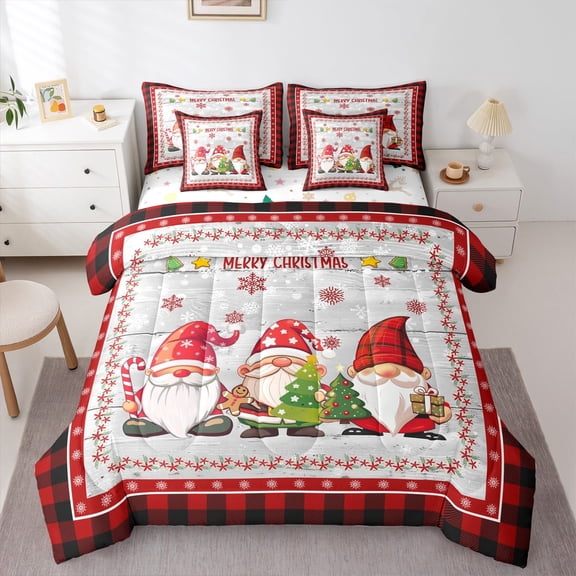 jejeloiu Christmas Gnome Twin Bedding Sets 7-Piece,Merry Xmas Tree Bedding Comforter Set,Red Geometric Plaid Sheet Sets For Child,Lightweight Room Decor Reversible