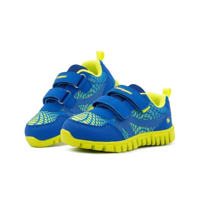 tenis buble gummers para niño contactel casual rey 13-19 azul marino 14 — Par de tenis infantiles azul marino con detalles rey/verde, vista 3/4 frontal; cierre de dos velcros, suela antiderrapante verde neón y entresuela ranurada, parte superior de malla transpirable y paneles elásticos para ajuste seguro; suelen usarse también para llevar en mochilas o viajes cortos.