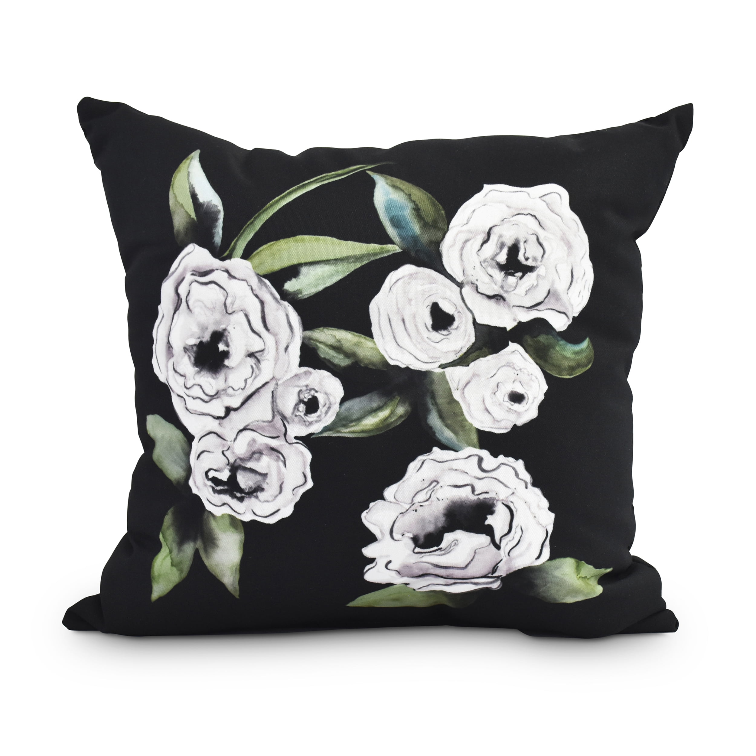 Radiant Rose 18 Inch Black Floral Print Decorative Outdoor Throw Pillow