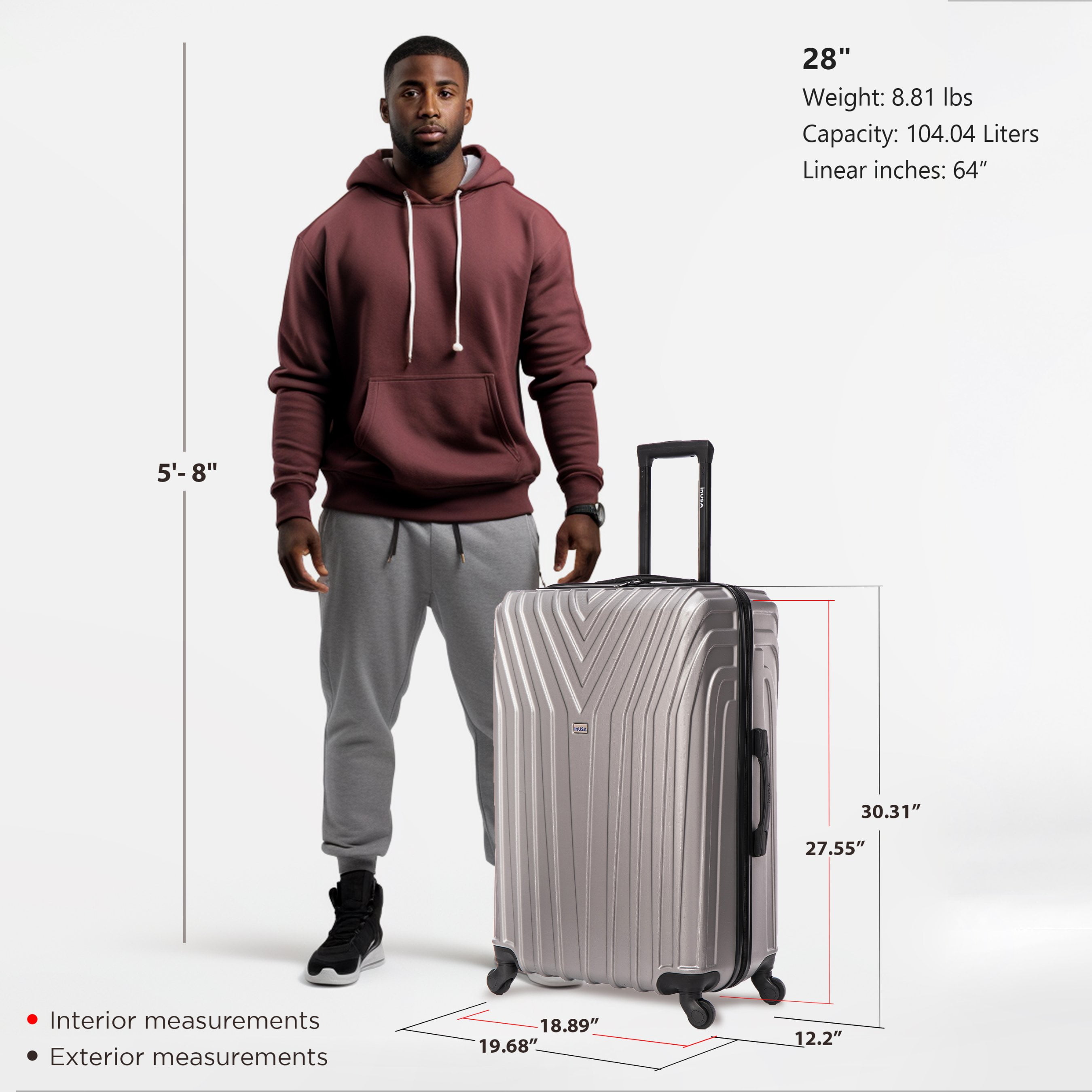 InUSA Vasty 28" Hardside Lightweight Luggage with Spinner Wheels, Handle, and Trolley, Gray