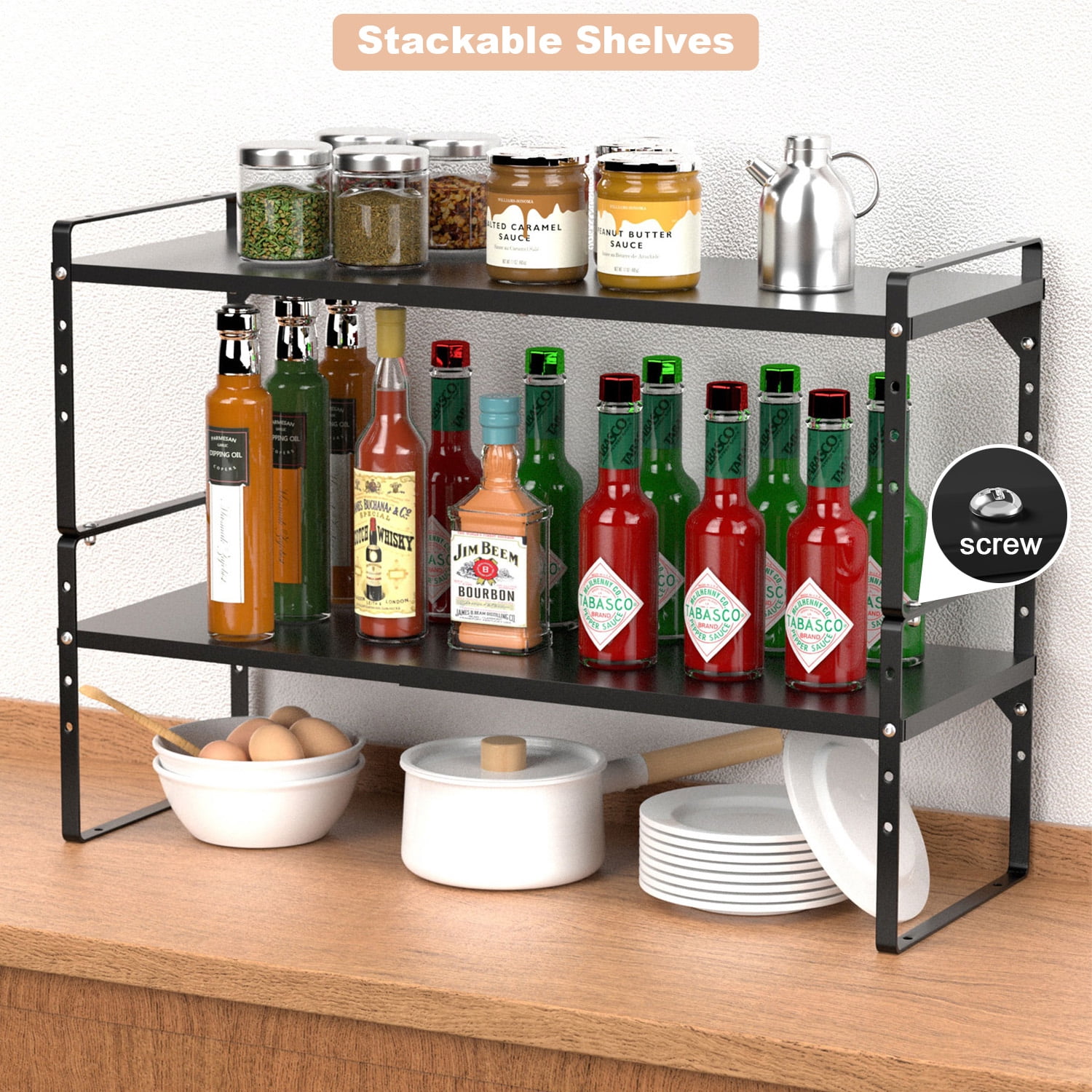 SANNO Expandable Counter Organizer, Stackable Cupboard Organizer Shelf Rack,Large Counter Shelf Organizer Cupboard, Cabinet Organization Shelf Black, 16" to 27"L x 8"W, 2 pack