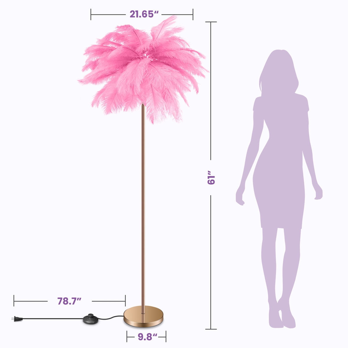 Feather Floor Lamp for Living Room, Fluffy Ostrich Feathers Lamp, Rose Gold Color Body with 5 standard G4 Bulbs - Pink