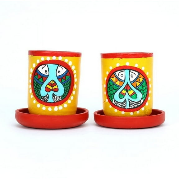 Handcrafted Yellow Terracotta Planters - Set of 2 - Madhubani Hand Painting