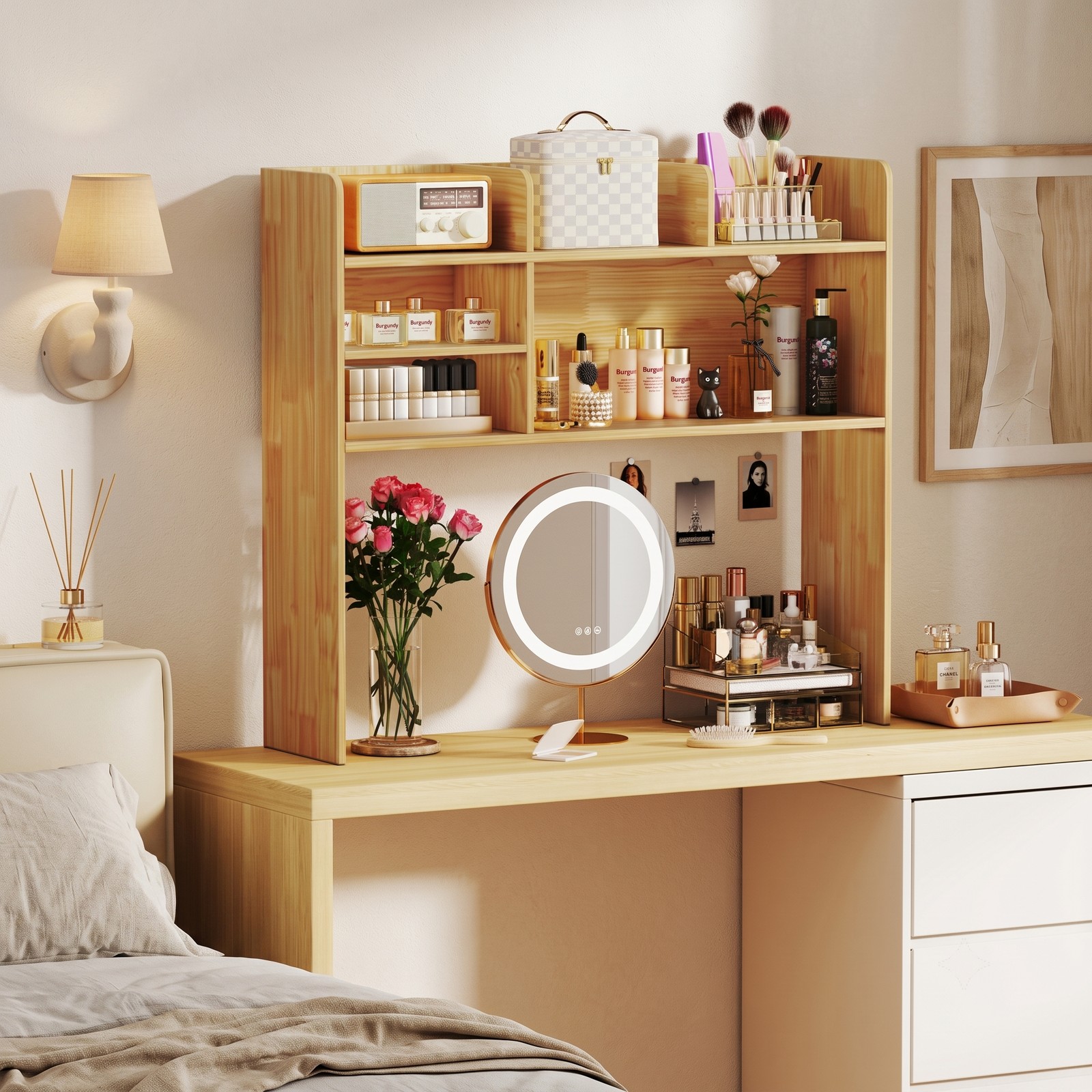 Furnibear Desktop Bookshelf Countertop Storage Hutch with 6 Shelves, Wood Desk Organizer Monitor Stand Riser with Adjustable Shelf and Open Compartment for Home, Beige