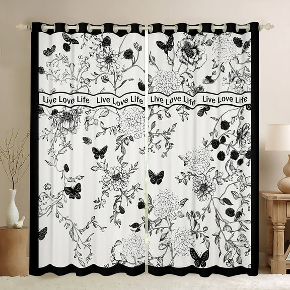 Manfei Grey Flower Floral Black Out Curtains for Girls, Cartoon Butterfly Curtains Pack of 2 (42x63 Each), Retro Western Theme Bedroom Curtains, Curtains and Drapes Home Decor