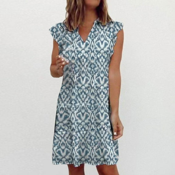 Nrmvnmi Women's Babydoll Mini Dress Summer V Neck Flutter Sleeve Boho Floral Flowy Shift Short Dress Blue LMothers Day Gifts