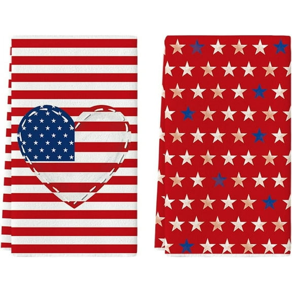 Stripe America Flag Stars Patriotic 4th of July Kitchen Towels Dish Towels, 18x26 Inch Seasonal Summer Decoration Hand Towels Set of 2