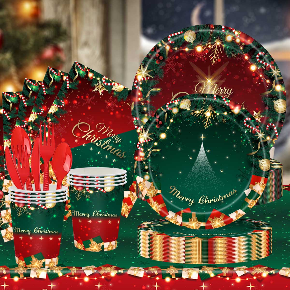 Christmas Paper Plates Christmas Tableware Dinnerware Christmas Party Supplies Disposable Plates Napkins Cups Cutlery Tablecloth Serve 16 Design1
