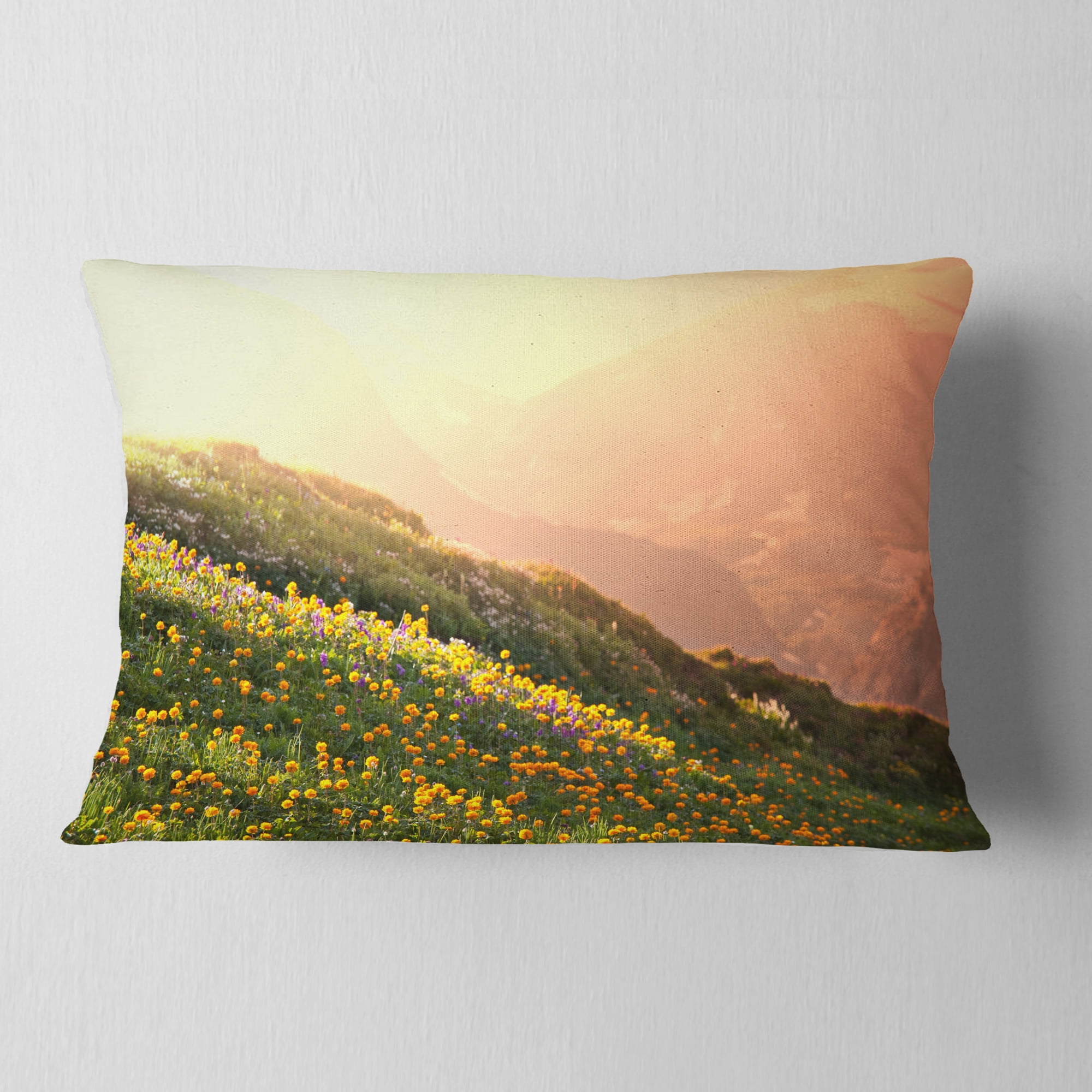 Designart Flowering Mountain Meadow View - Landscape Printed Throw Pillow - 12x20
