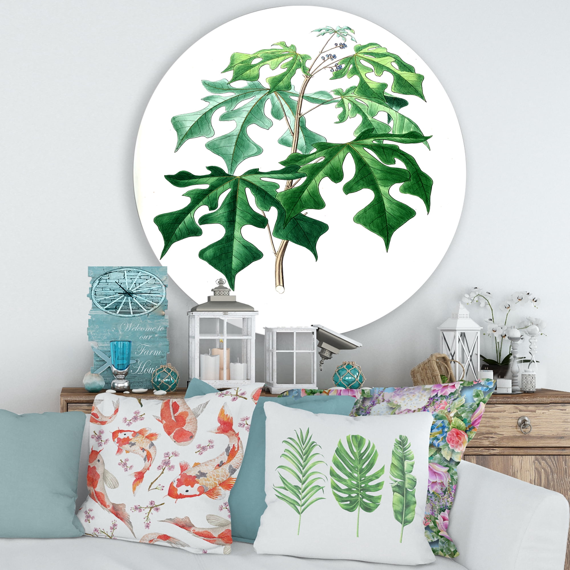 Designart 'Ancient Green Leaves Plants II' Traditional Circle Metal Wall Art 36x36 - Disc of 36