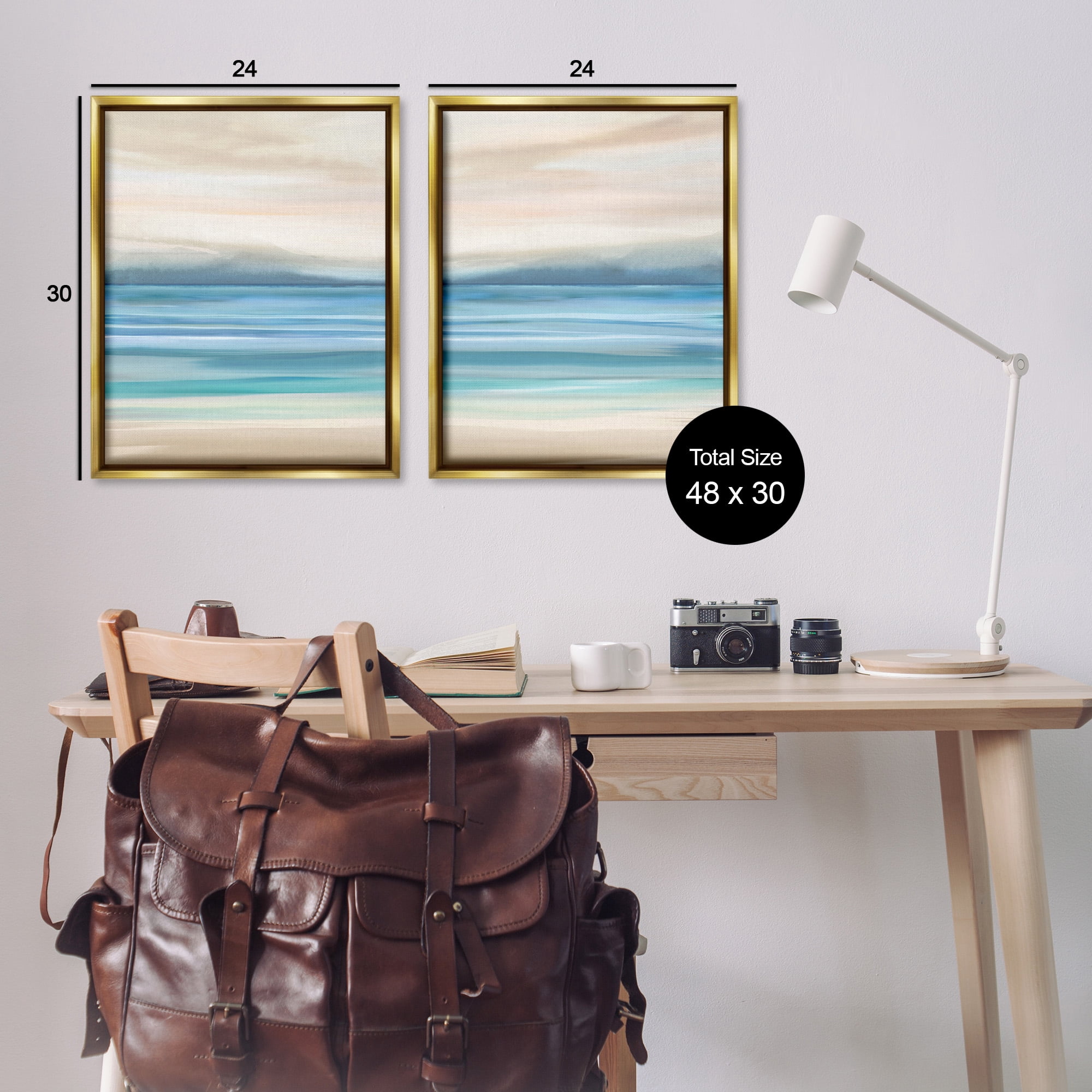 Stupell Industries Subtle Beach Seascape Landscape Painting Gold Floater Framed Canvas Art Print Wall Art, 25 x 31, Set of 2