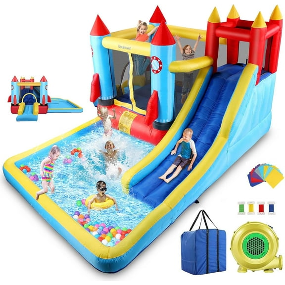 Veeboto 13X12 Feet Inflatable Water Slide, Rocket Bounce House with Blower for Kids 3-12 Years, Large Adventure Water Park with Pool, Climbing Wall, Trampoline Area for Kids Outdoor Backyard