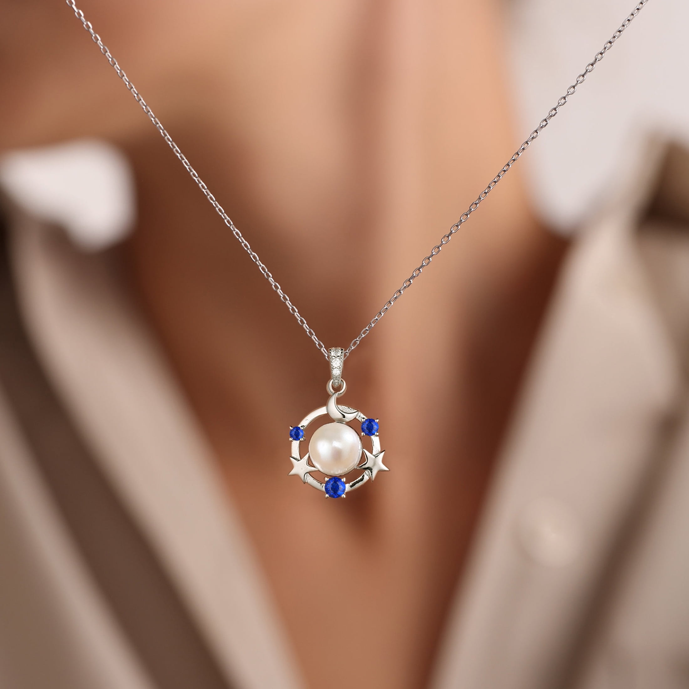 Beautlace 925 Sterling Silver Moon Star Birthstone Necklace,Natural Pearl Pendant Necklace Jewelry,Birthday Christmas Anniversary Gift for Women/Mom/Wife