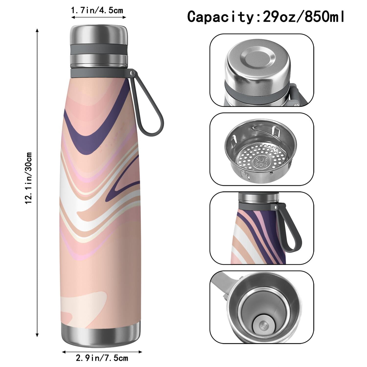 29oz Insulated Water Bottle with Tea Infuser, Stainless Steel Travel Mug, Liquid & Marble Print