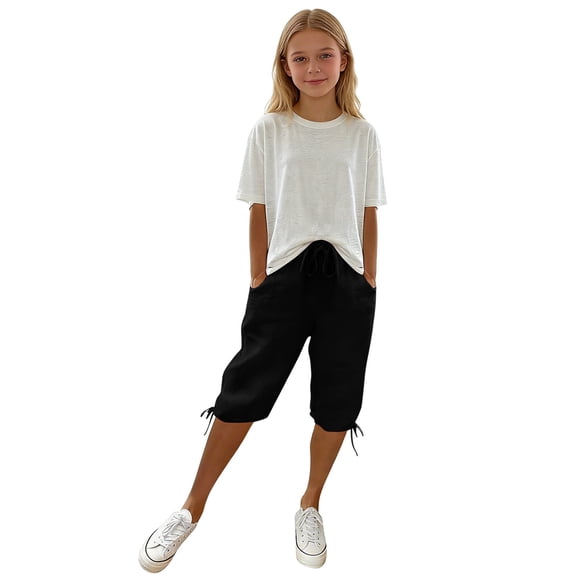 Girls' Capri Pants Wide Leg Casual Capris Sweatpants Loose Summer Kid Elastic Waist Cropped Trousers Solid 3/4 Length Jogger