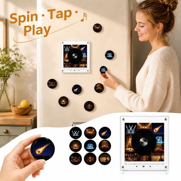Vinyl Player Fridge Record NFC Magnetic Music Box Set with 9 Pcs Mini Programmable Magnets, Refrigerator Record Storage, Vintage Aesthetic Home Decor Gift