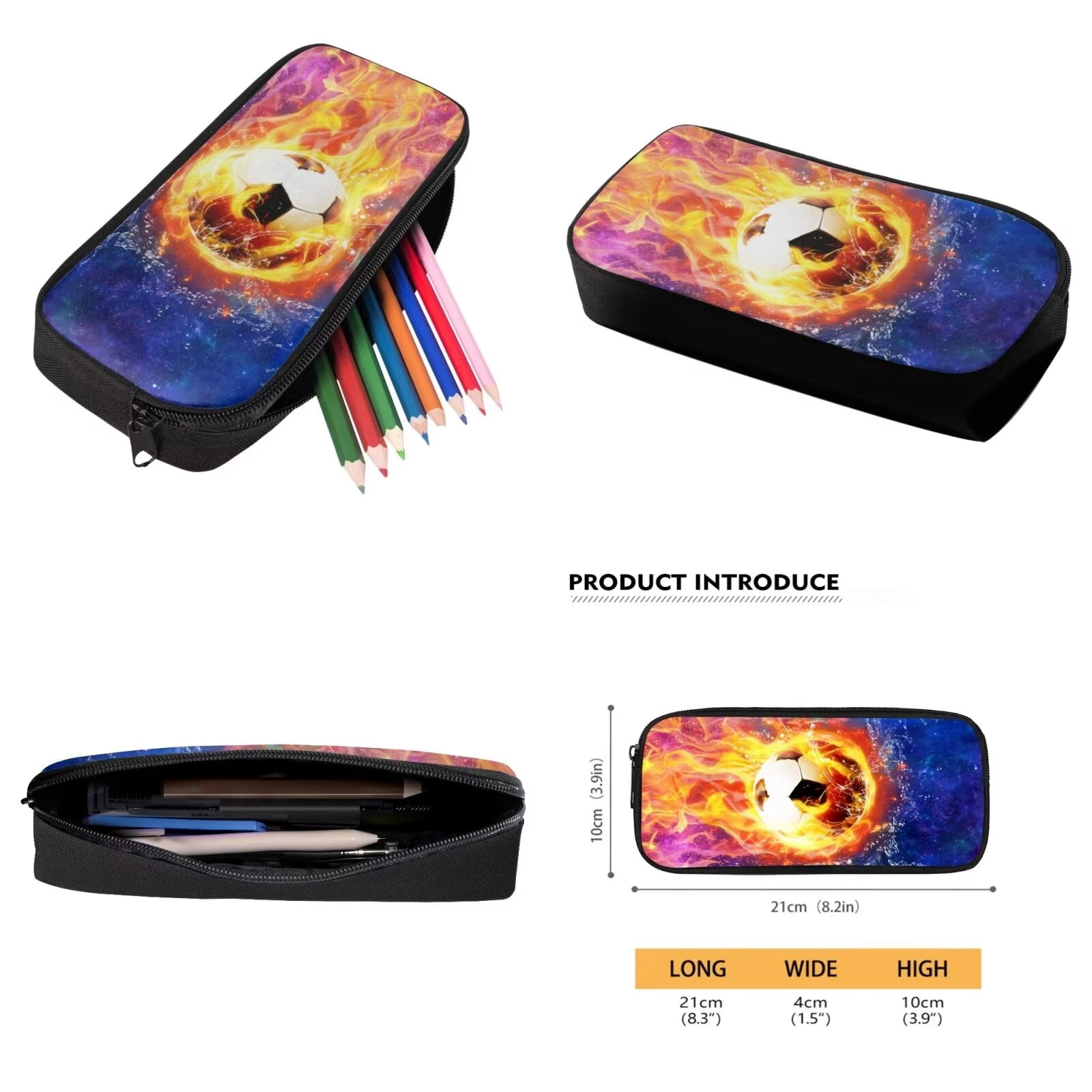 XYZCANDO Fire Soccer Splatter Water Print School Bag Set for Boys Girls, 17 Inch Backpack with Lunch Bag and Pencil Box Washable Rucksack Daypack with Side Pocket for Outdoor Hiking