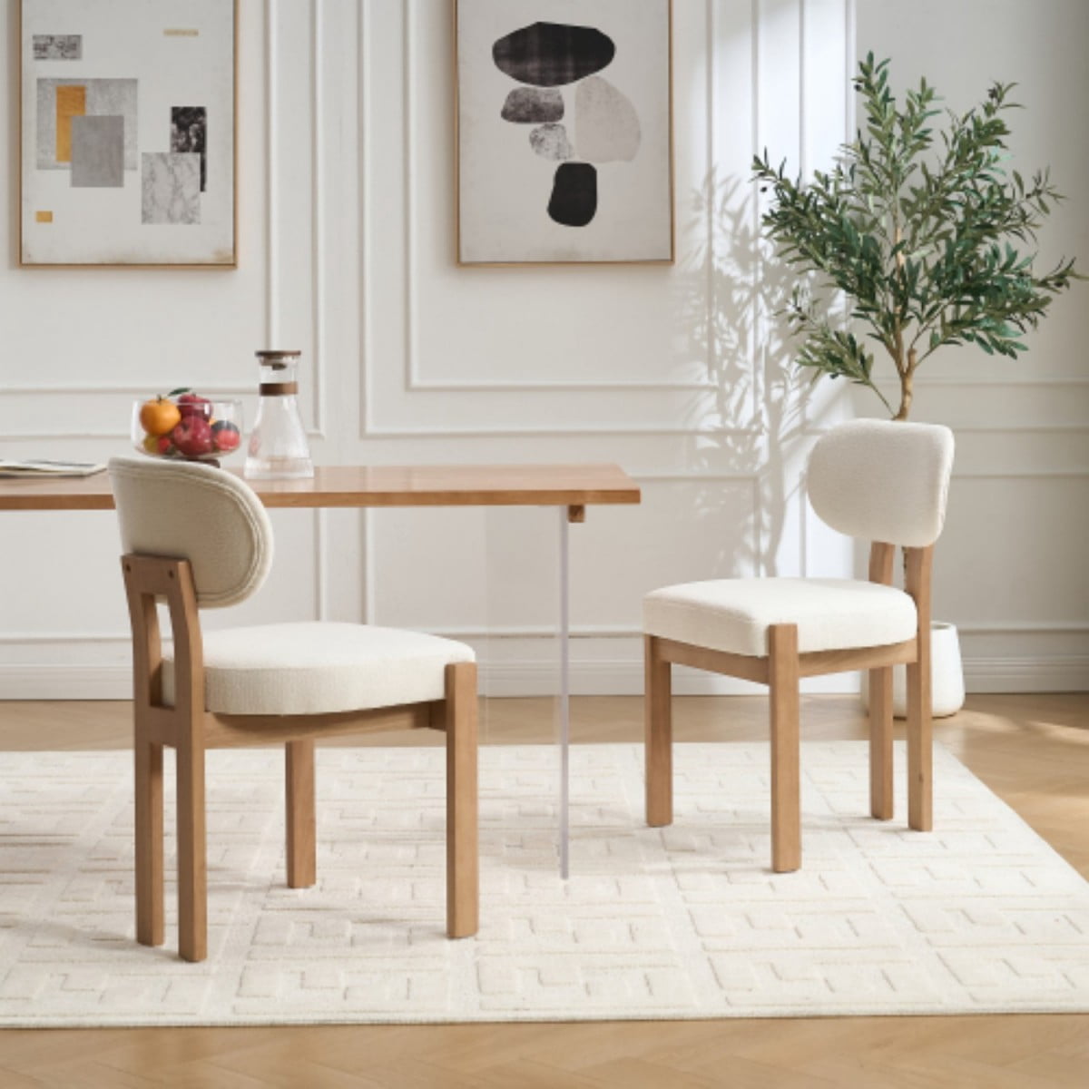 Dining Chairs Set of 2, Chenille Upholstered Wood Kitchen Chairs, 3.95" Thick Foam Cushion Wingback Dining Room Chairs, Beige