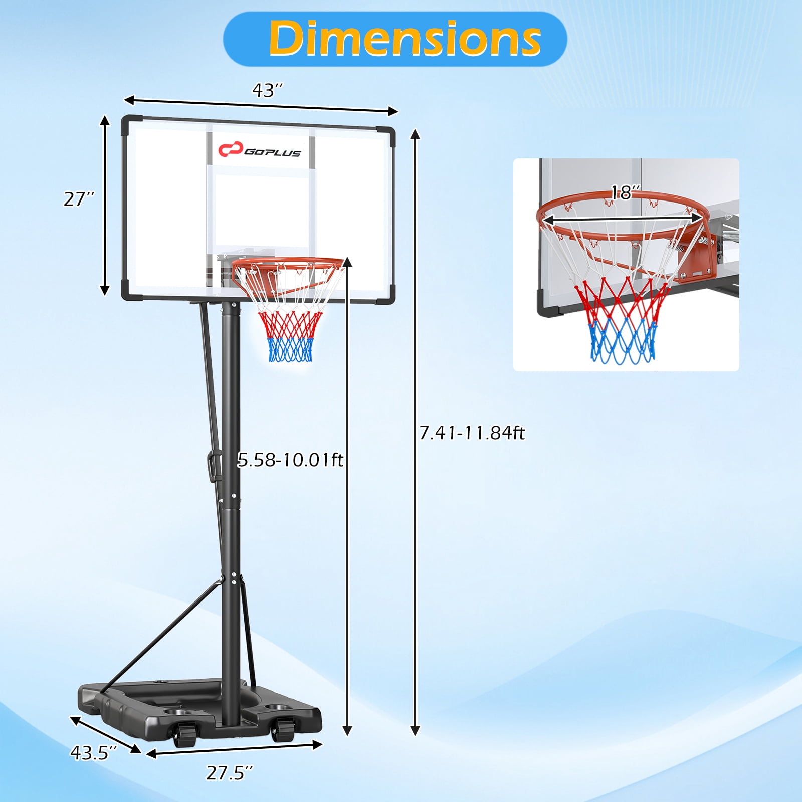 Goplus 10 FT Portable Basketball Hoop with Shock Absorbent Rim, Fillable Base for Adults Black