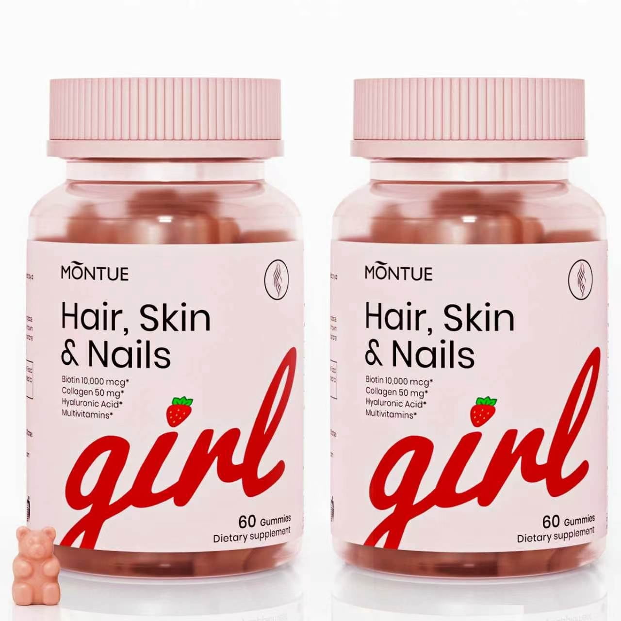 Montue Hair Skin and Nails Gummies, Biotin 10000 mcg with Collagen and Hyaluronic Acid, Strawberry Flavor, 120 Gummies,2 Packs.