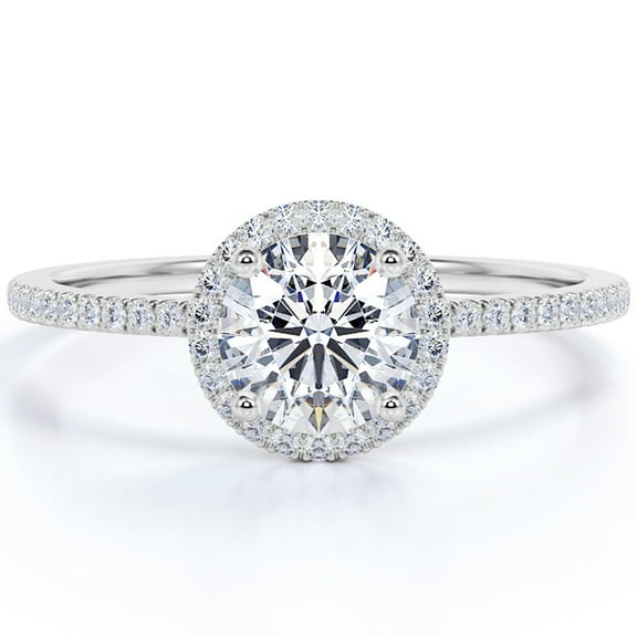 JeenMata 1 Carat Round Brilliant Moissanite Halo Engagement Ring in 18k White Gold over Silver