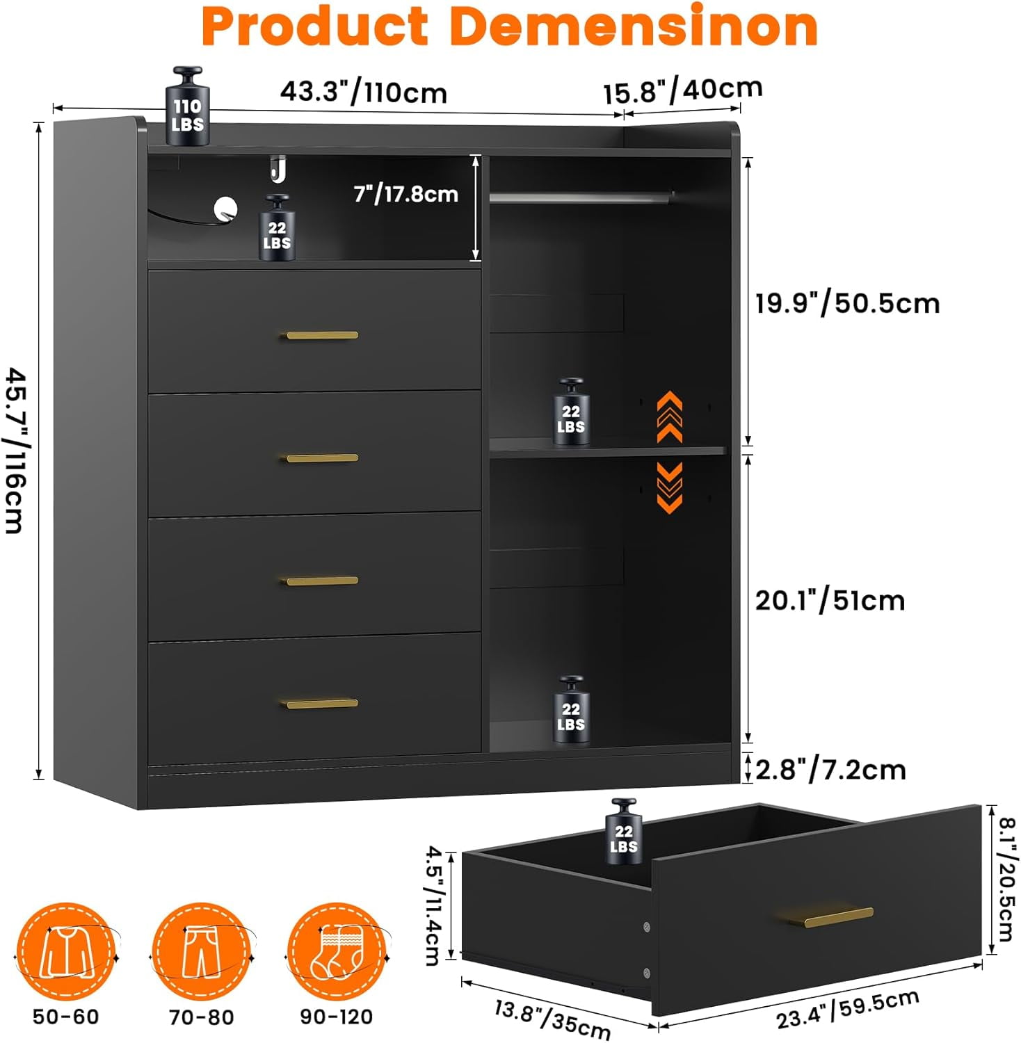Winkalon 4 Drawer Dresser with Clothing Rack and LED Lights,Modern LED Dresser for Bedroom,Black
