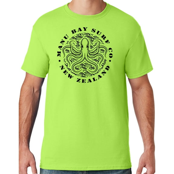 Mens Manu Bay Surf Company BLACK OCTOPUS T-shirt, Medium Neon Green