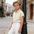 thumbnail image 3 of dazeni Summer Linen Shirts Girls Button Down Shirt Short Sleeve Blouse for Collared Lightweight Breathable Lapel Tops Beige 110, 3 of 8