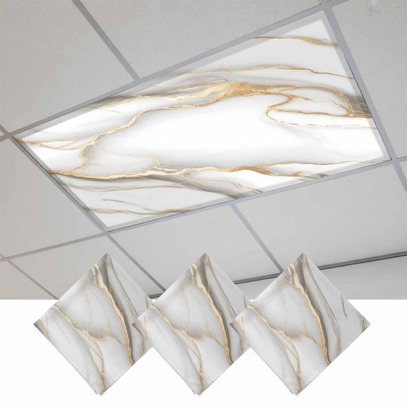 White Golden Marble Fluorescent Light Covers, Modern Abstract Art Marble Magnetic Light Covers for Ceiling Lights, Fluorescent Ceiling Shade Filters for Classroom Bedroom Office 4x2Ft x 3PCS