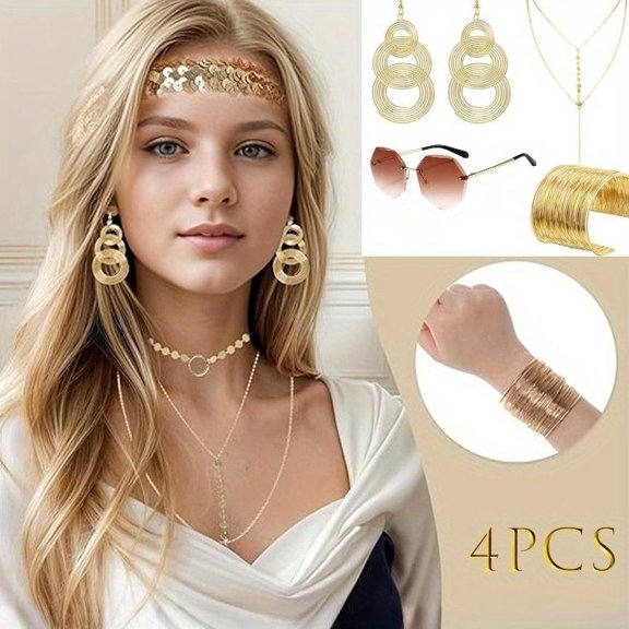4Pcs 70s Disco Jewelry, Stylish Goddess Accessories, Glasses Triple Swirl Earrings Necklace Bracelets, Suitable for Festival Party, Cosplay, Beach Vacation