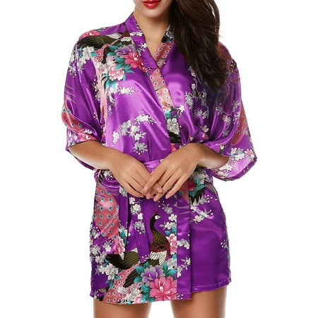 

BIZIZA Womens Satin Robe Sleepwear Nightgown Lingerie Soft Kimono Purple M