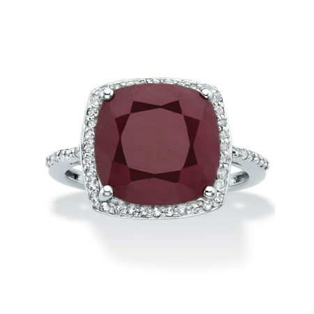 Cushion-Cut Genuine Red Ruby and White Topaz Halo Cocktail Ring 4.61 TCW in Sterling Silver