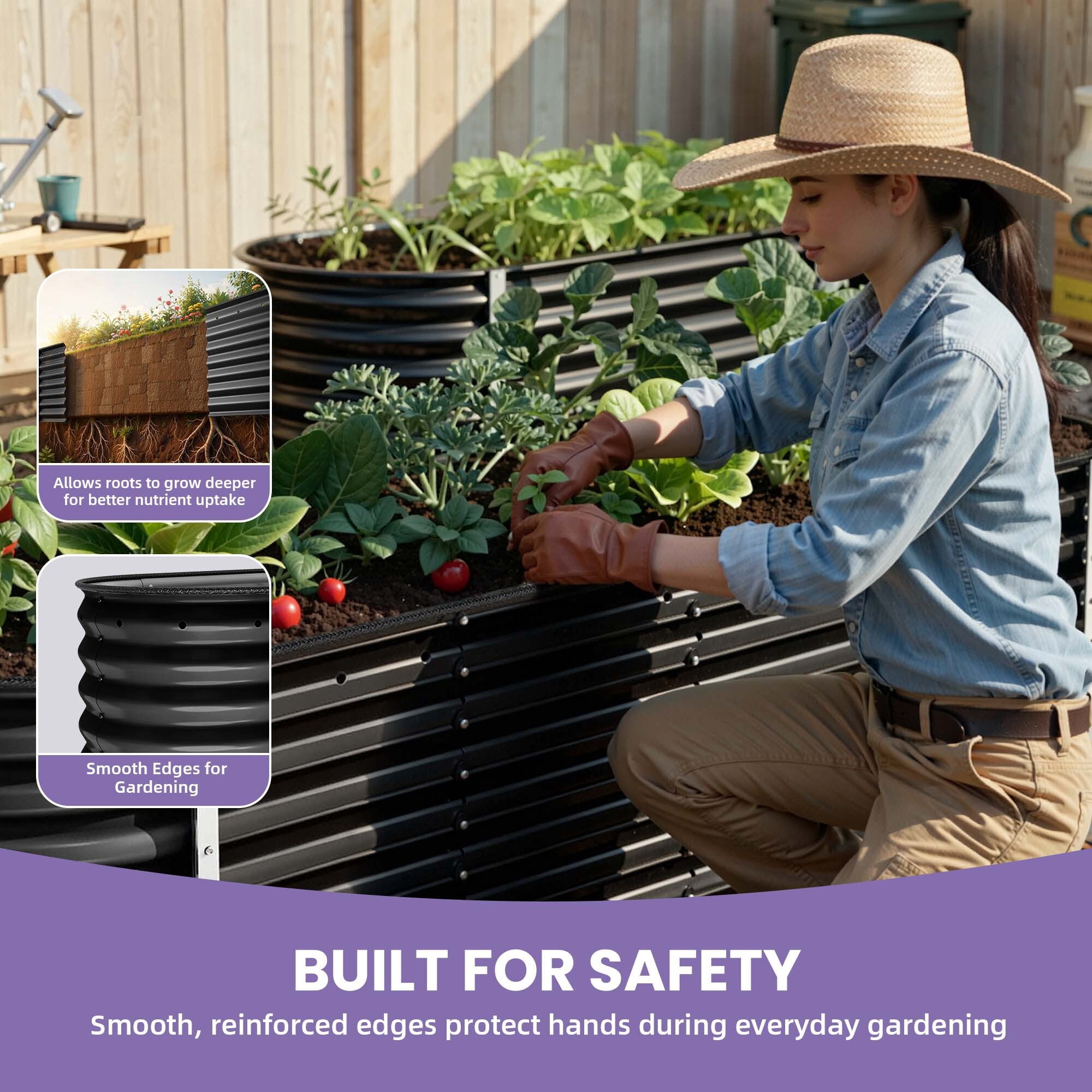 Uforic 8x2x2ft Raised Garden Bed Kit, 24" Tall 9 in 1 Large Galvanized Metal Planter Box, Outdoor Plant Bed for Vegetables Flowers, Come with Gloves, Safety Rubber & Support Rod,Dark Gray