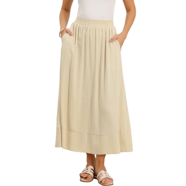 Falda de lino INSPIRE CHIC para mujer, casual de verano, con cintura alta elástica, falda midi en forma de A, talla L, color albaricoque