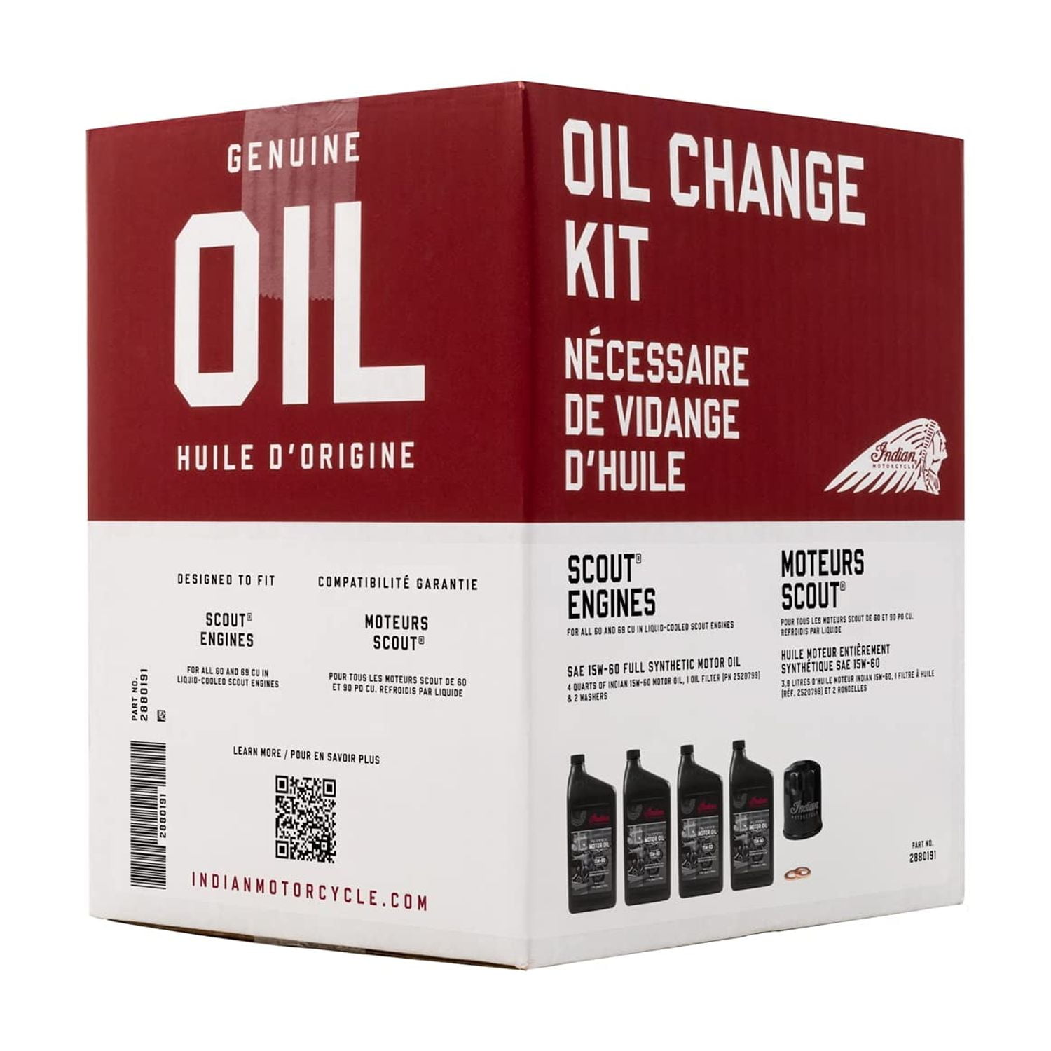 Indian Motorcycle Oil Change Kit for All 60 & 69 Cu In Liquid-Cooled Scout Engines, 4 Quarts 15W-60 Full Synthetic Oil, 1 Oil Filter, 2 Washers, Clutch Performance, Engine Protection - 2880191