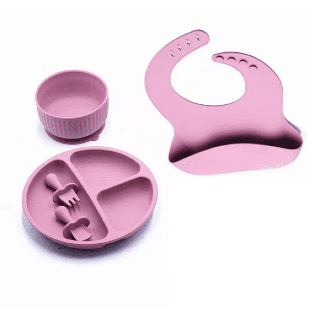 Kit Para Comida Bebé con Babero de Silicona 5 Pz Rosa