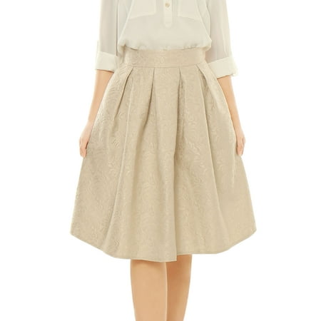 - Women High Waist Floral Jacquard Pleated Full Skirt Beige/M (US 10)