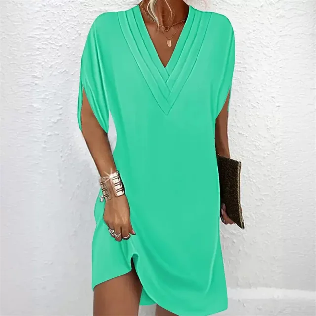 Vestido de verano de media manga de murciélago con cuello en V para mujer, vestido elegante, vestido informal de viaje de Color sólido
