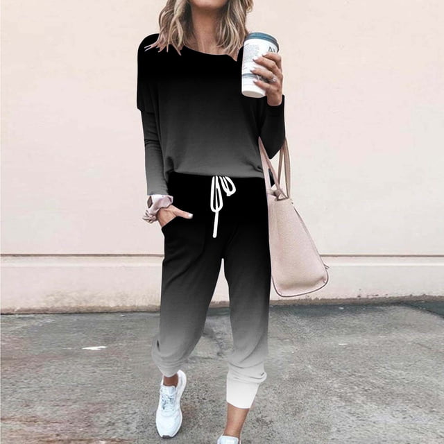 Frostluinai Sweatsuits Women 2 Piece Outfit Long Sleeve Loose Tops Elastic Waist Drawstring Sweatpants Plus Size Gradient Track Suits with Pocket