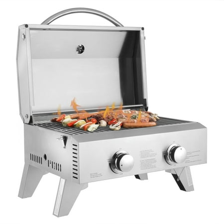 VANELC 2 Burner Portable BBQ Table Top Propane Gas Grill Stainless Steel, 20000 BTU with Foldable Legs