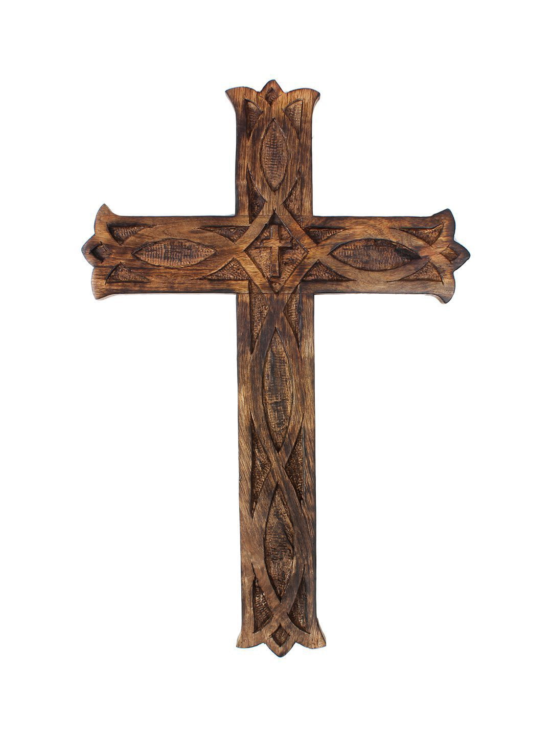 Wooden Religious Catholic Crucifix Cross Wall Hanging 12 x 8 Inches French Plaque Floral Carvings Living Room Home Decor Accent Church Chapel Altar Wall Art Decor Display Antiqued Rustic Finish