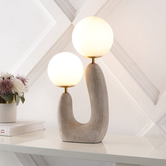 JONATHAN Y Oona 18" 2-Light Mid-Century Scandinavian Resin/Iron/Frosted Glass Cactus LED Table Lamp, Gray Wood Finish, JYL4064A
