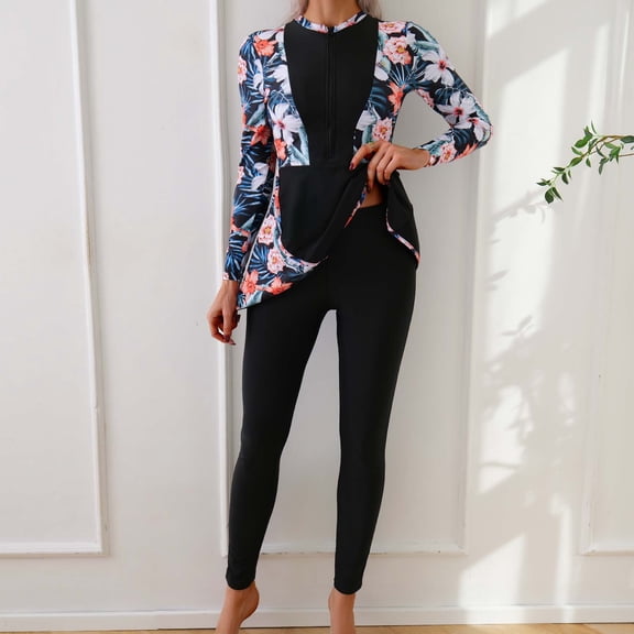 HOMBOM Womens Rash Guard Bathing Suit Modest Swim Dress with Leggings Long Sleeve Two Piece Floral Beach Tummy Control Swimwear for Ladies