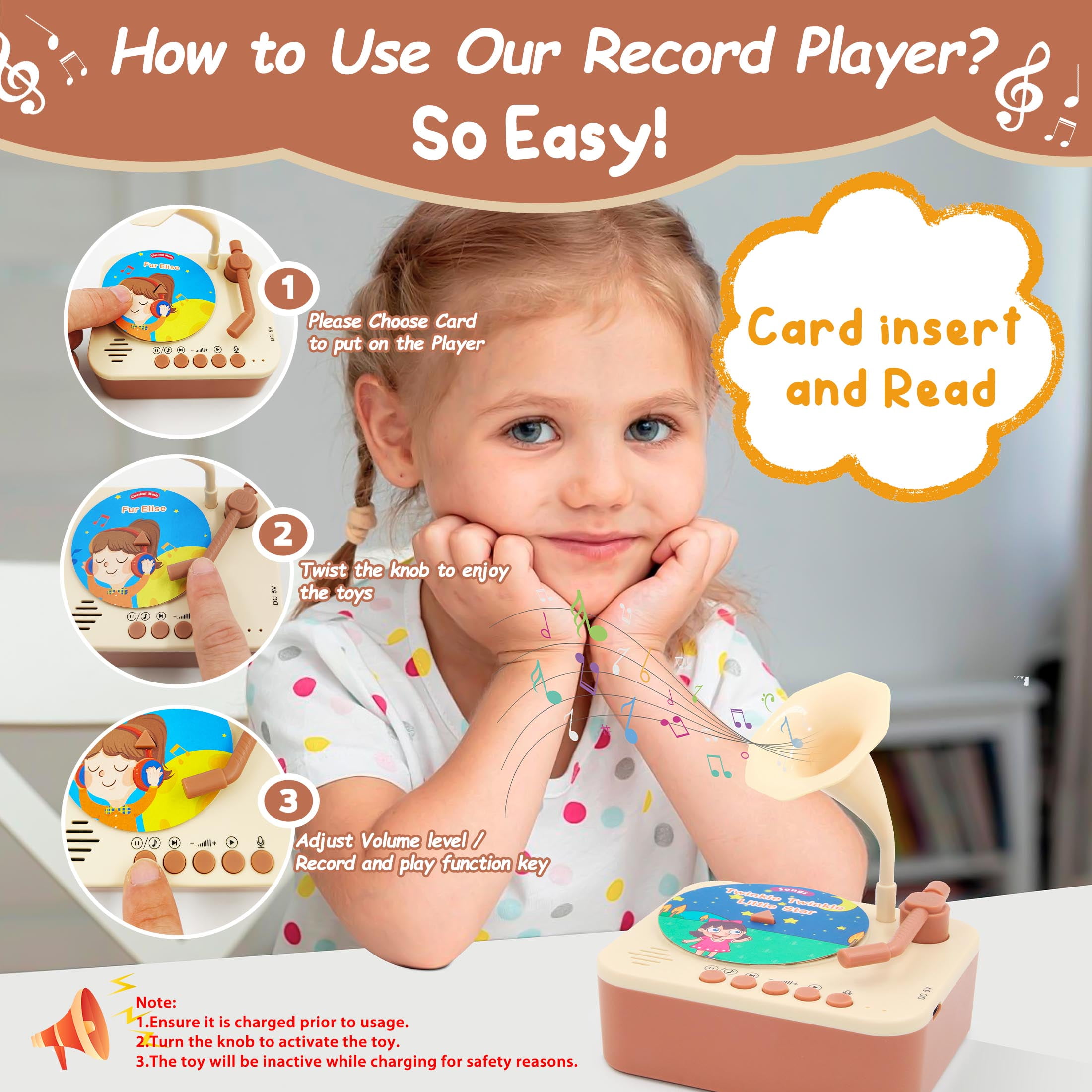 Kids Phonograph with 96 Cards, Kids Record Player with Story and Music Records , Toddler Music Player, Educational Phonograph for Boys and Girls Age 3+, Toddler Toys for Early Learning (Brown)