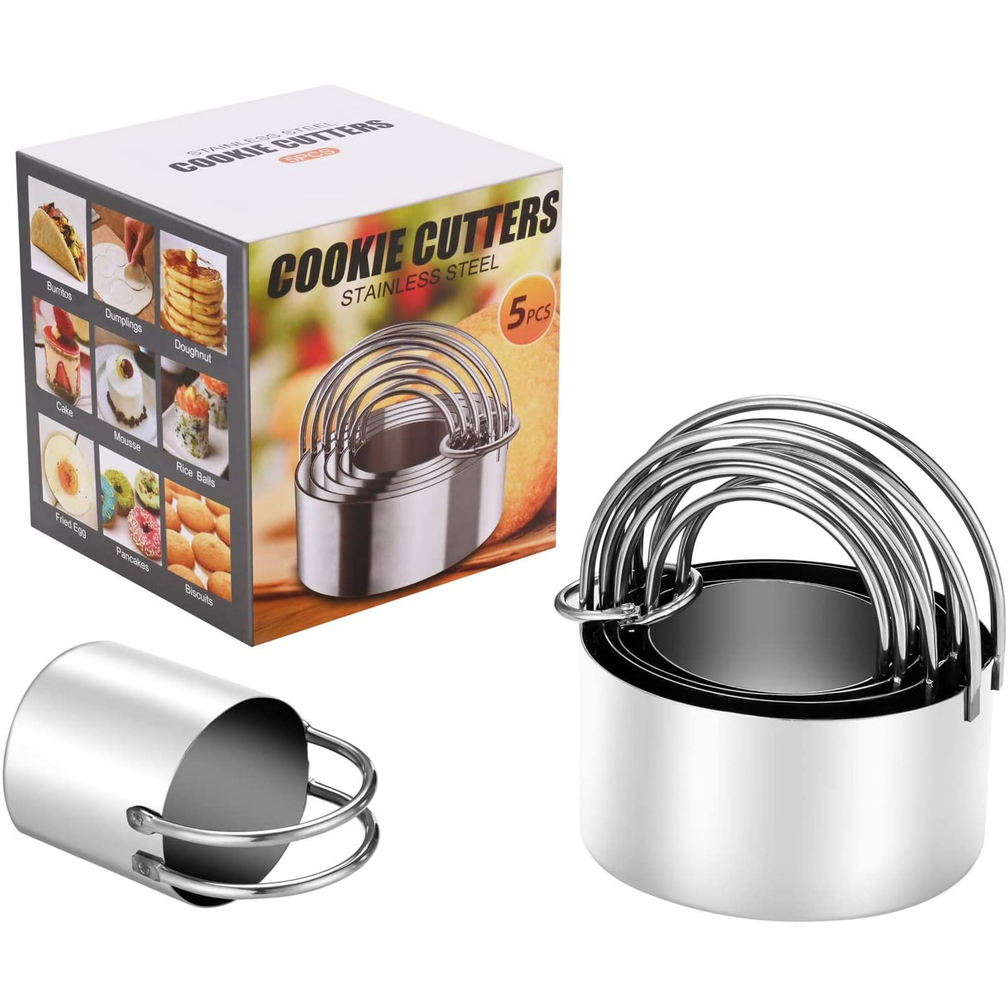 Geecy Round Biscuit Cutter 5 Pcs Cookie Biscuit Cutter Set Stainless Steel Biscuits Cutters With Handle For Making Biscuits Cookies Scones Professi