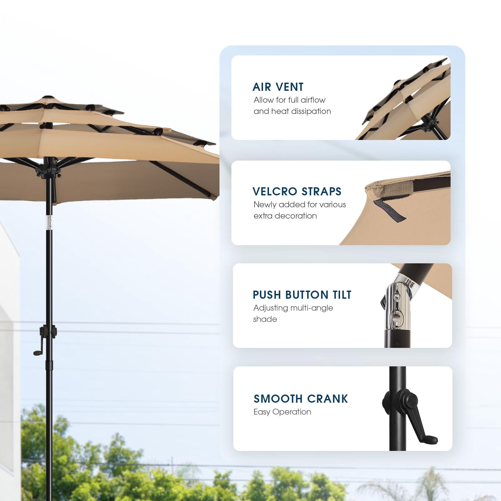 wikiwiki 10ft 3-Tier Patio Umbrella Outdoor Table Market Umbrella for Patio with Push Button Tilt/Crank, Fade Resistant Waterproof POLYESTER Canopy for Garden, Lawn, Deck, Backyard & Pool, Tan