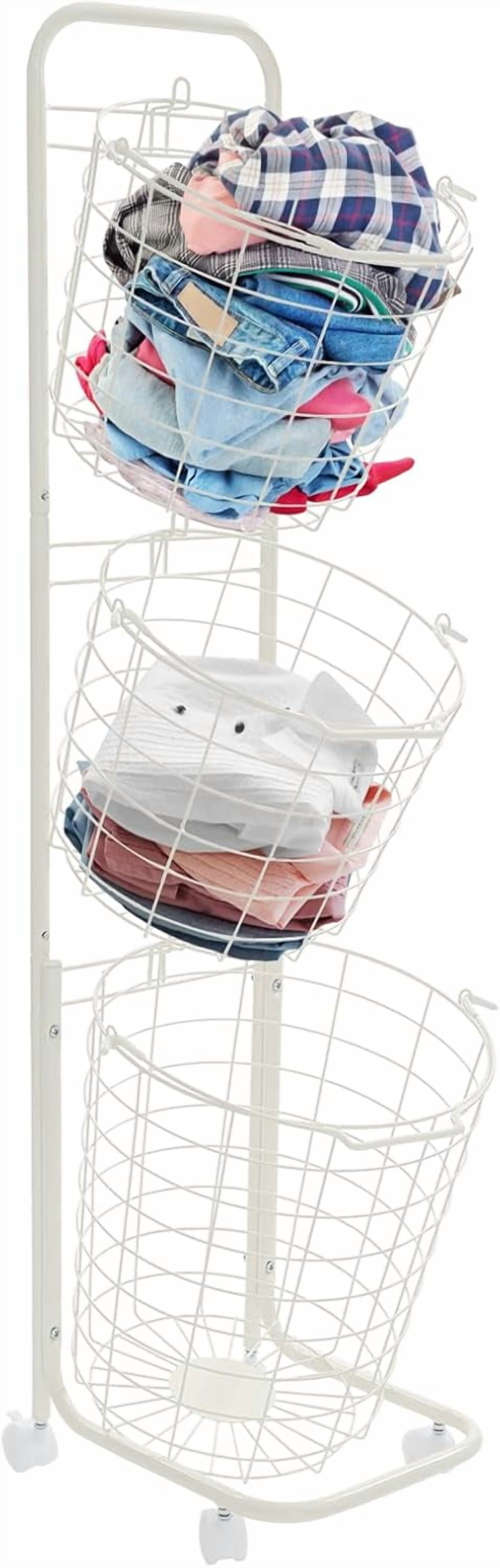 Miumaeov 3 Tier Laundry Hamper, Metal Standing Laundry Baskets, Removable Sorter Storage Trolley Shelf Basket with 4 Universal Wheels