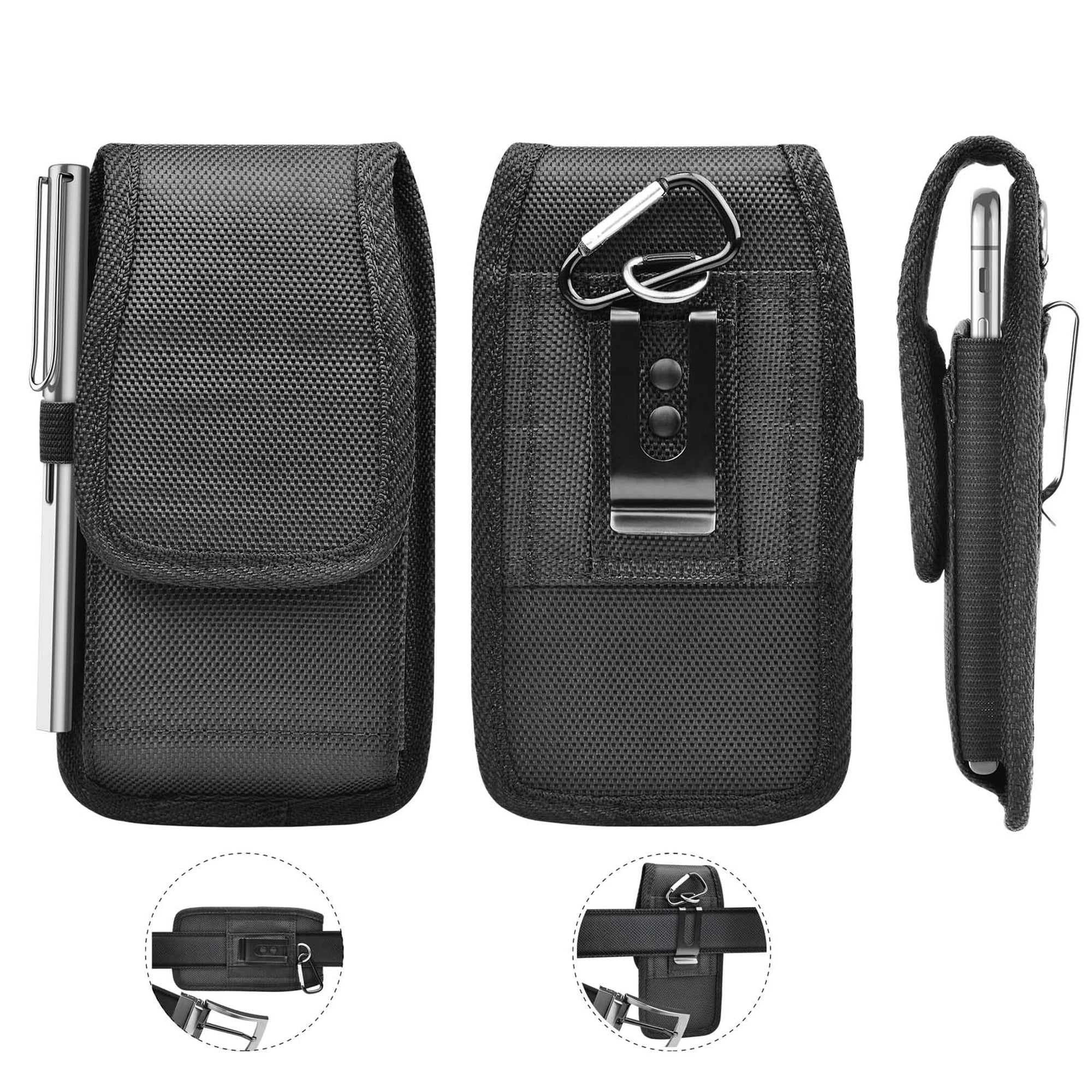 for Apple iPhone XR / XS Max / XS / X / 8 / 7 / 6 / 6S / 8+ / 7+ / 6+ / 6S Plus Rugged Pouch Case, Njjex Universal Nylon Flap Phone Holster Pouch Metal Belt Clip Case + Carabiner Hook