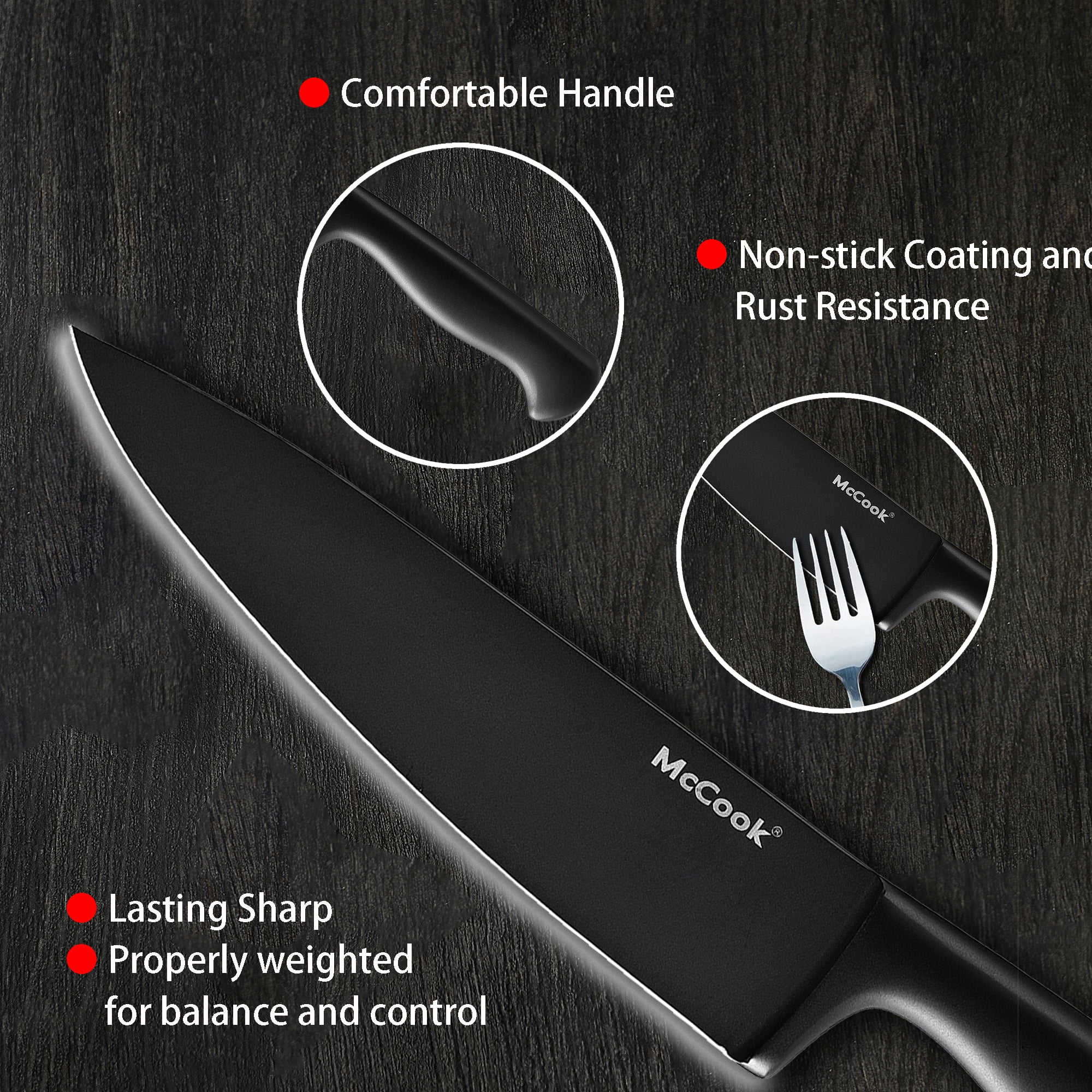 McCook® MC21GB Knife Sets + MCW11 Bamboo Cutting Boards Set of 4 (Small,  15.4”10.2”0.8 MC59B Steak Knives Set of 6