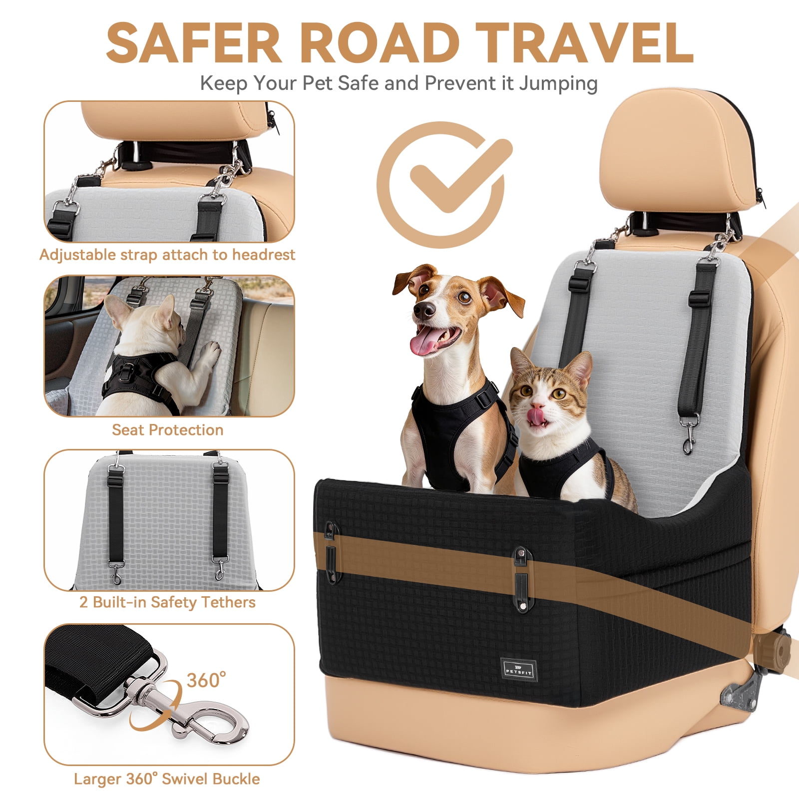 PETSFIT Dog Booster Car Seat for Small/Medium Dogs Up to 35 lbs – Patented Safety System, 6" Memory Foam Pet Booster Car Seat, Fully Detachable and Washable,2 Storage Pockets (Black & Grey)